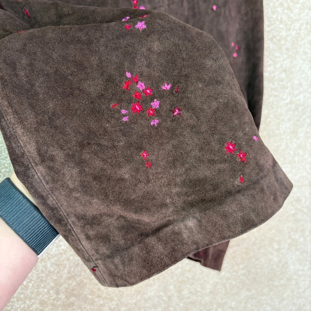 ANN TAYLOR Vintage Leather Skirt Women's 4 Brown Suede Embroidered Floral A-Line